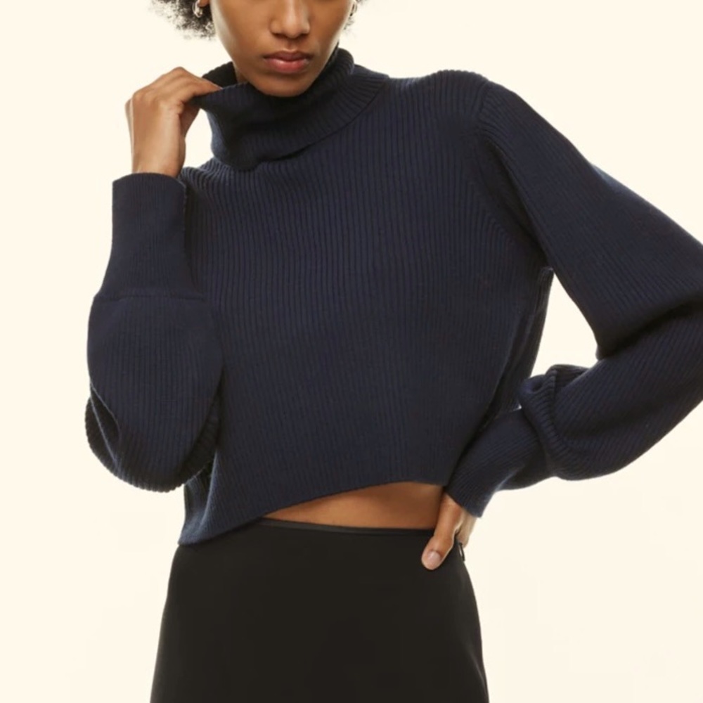 Aritzia Navy Ribbed Turtleneck Cropped Sweater